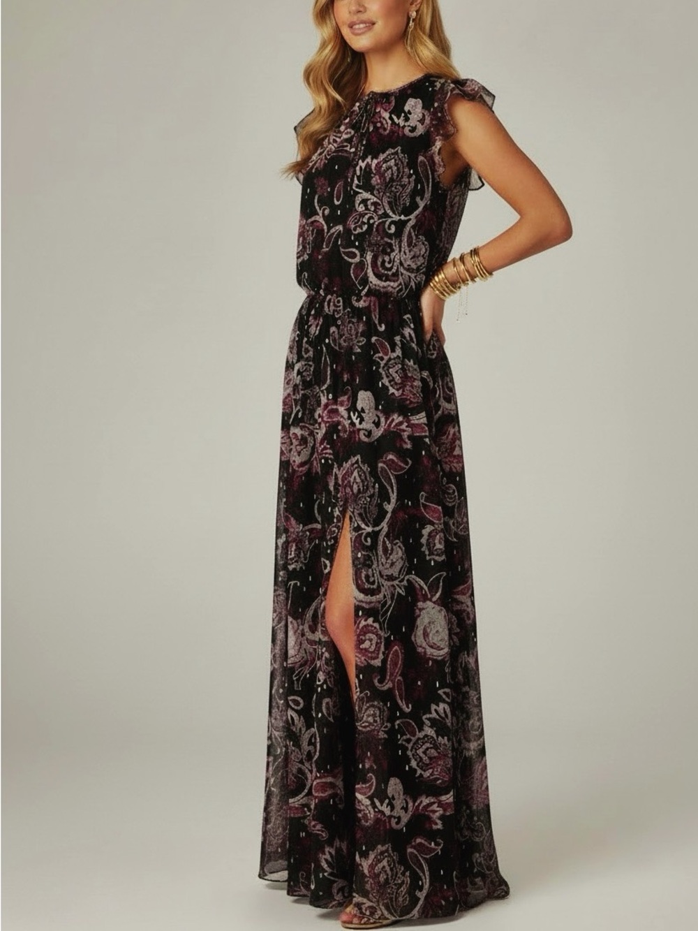 WHITE HOUSE BLACK MARKET Black Floral Gold Shimmer Slit Dress Size Small